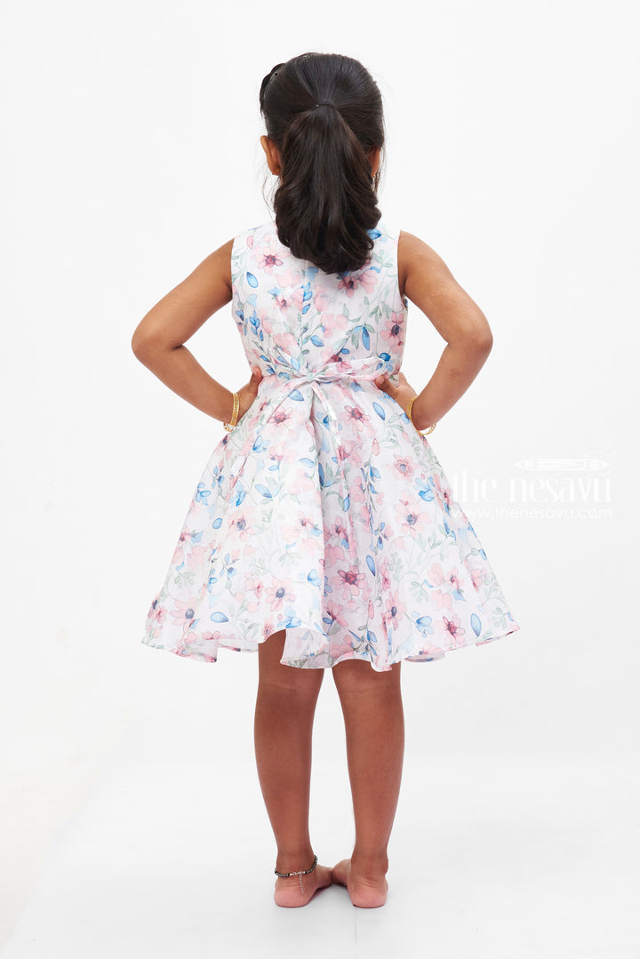 The Nesavu Girls Fancy Frock Pastel Petal Parade: Girls' Cream Sleeveless Floral Dress with Jewel Accent Nesavu Casual Floral Dress for Girls | Sleeveless Cream Floral Frock | Kids Garden Party Wear | The Nesavu