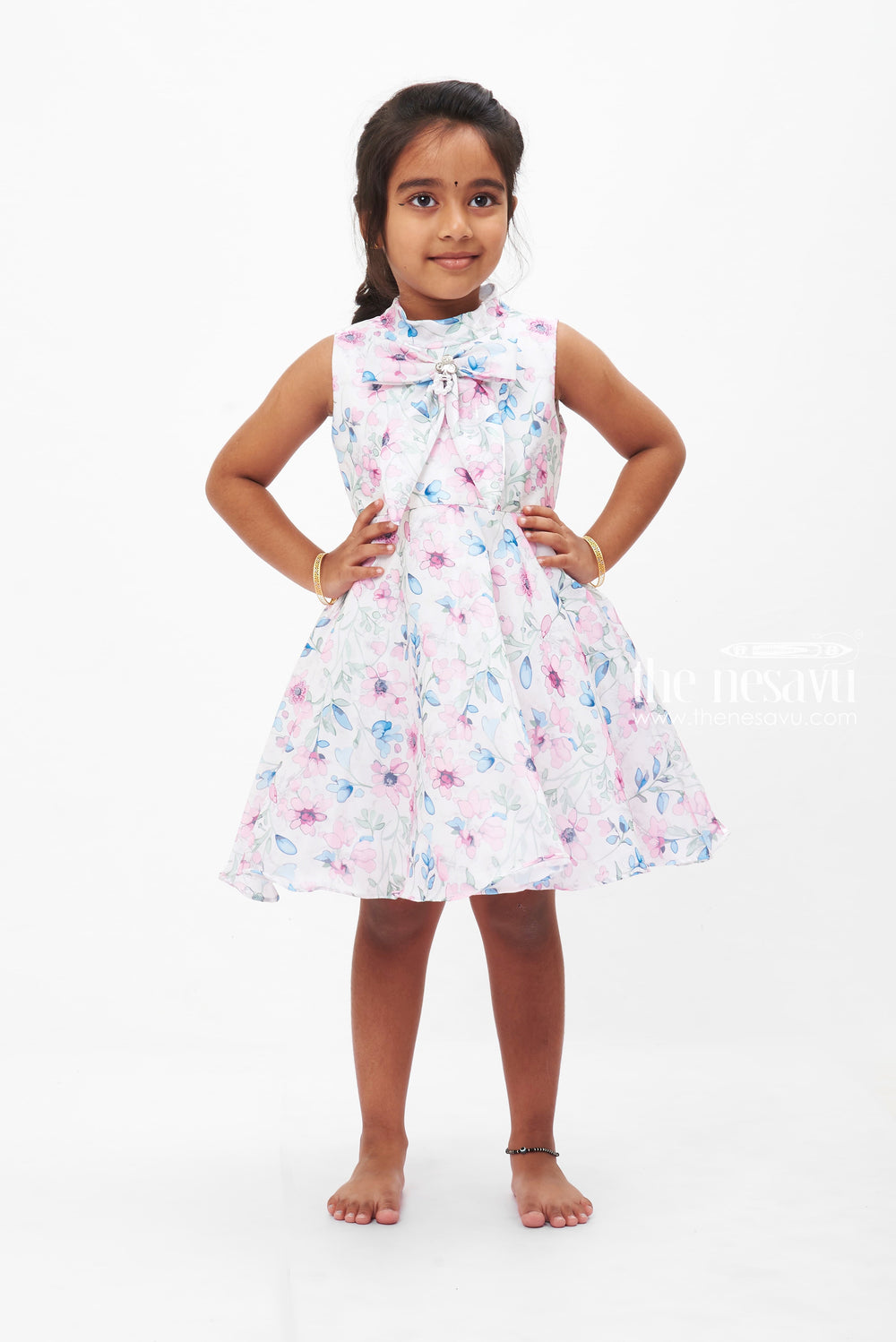 The Nesavu Girls Fancy Frock Pastel Petal Parade: Girls' Cream Sleeveless Floral Dress with Jewel Accent Nesavu Casual Floral Dress for Girls | Sleeveless Cream Floral Frock | Kids Garden Party Wear | The Nesavu