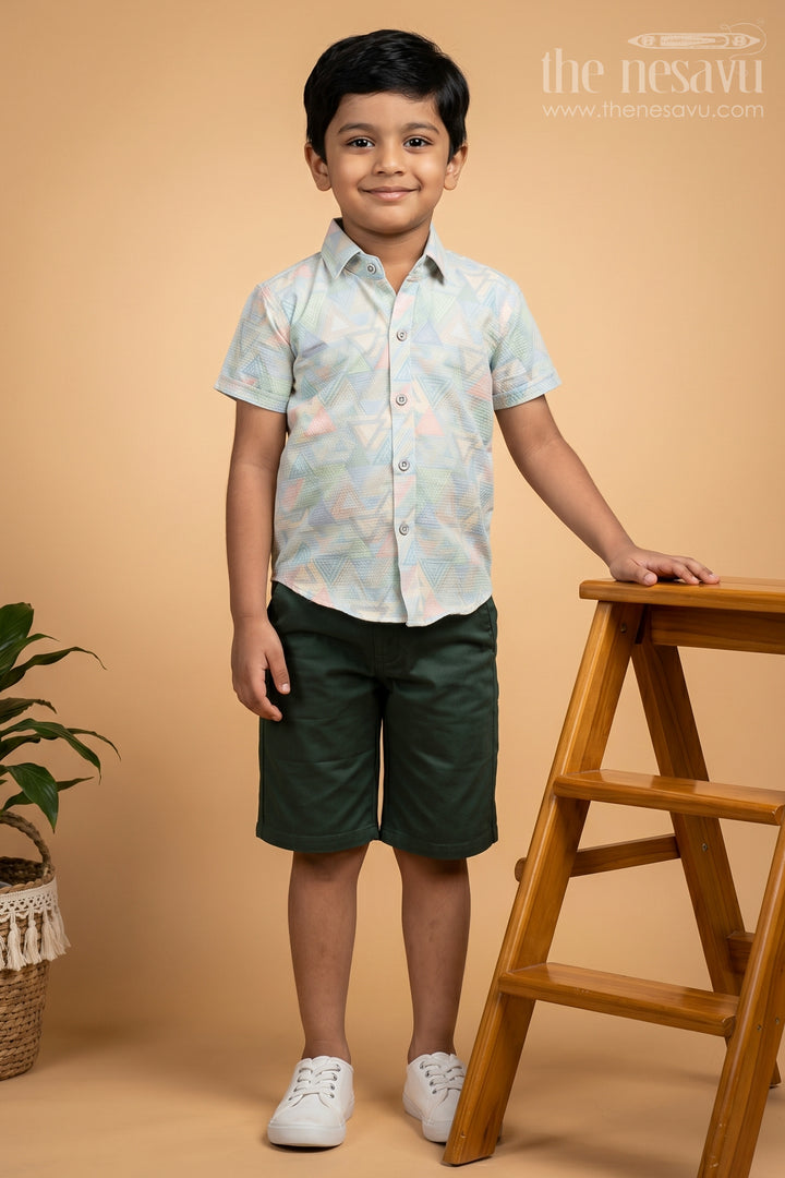 The Nesavu Boys Casual Set Pastel Prism Boys Casual Shirt and Shorts Ensemble Nesavu 16 (1Y) / Green / Popcorn Polysilk BCS014A-16 Shop Boys Pastel Geometric Shirt Sets | The Nesavu
