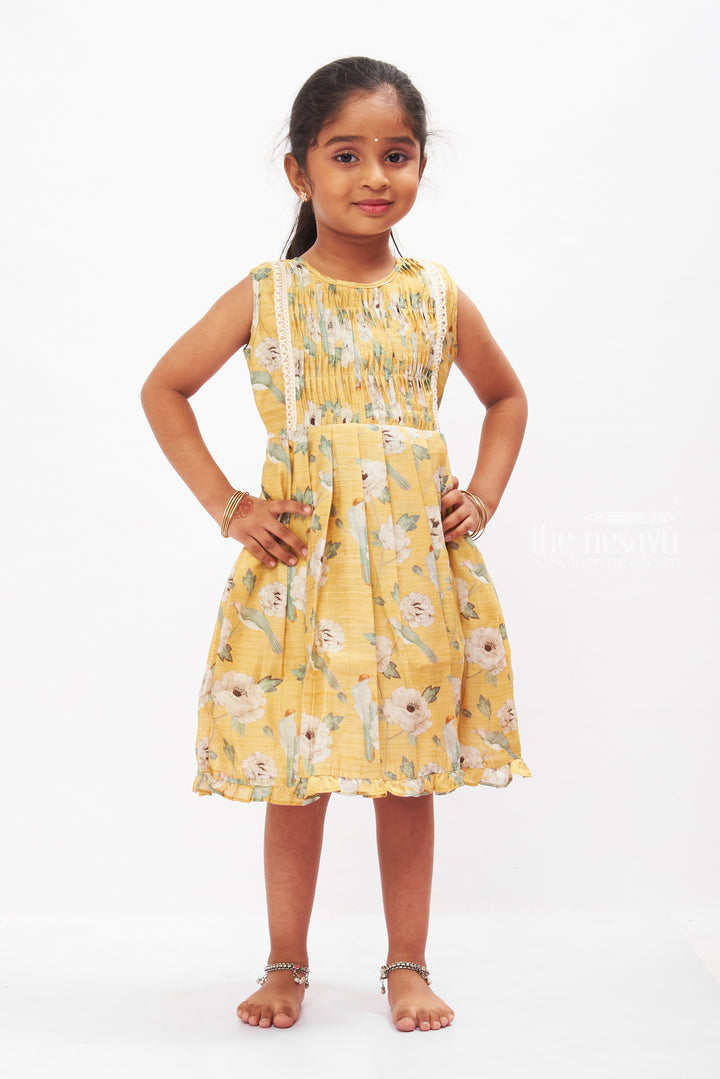 The Nesavu Girls Cotton Frock Pastoral Elegance Yellow Chanderi Cotton Frock for Girls Nesavu 16 (1Y) / Yellow / Cotton GFC1255A-16 Girls Yellow Floral Cotton Frock | Summer & Spring Kids Fashion | The Nesavu