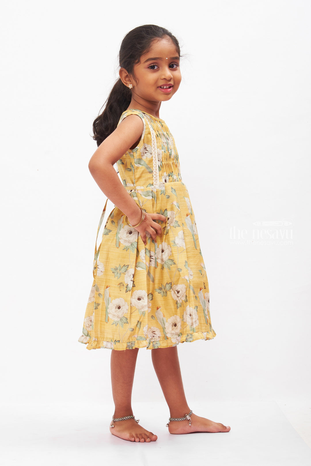 The Nesavu Girls Cotton Frock Pastoral Elegance Yellow Chanderi Cotton Frock for Girls Nesavu Girls Yellow Floral Cotton Frock | Summer & Spring Kids Fashion | The Nesavu