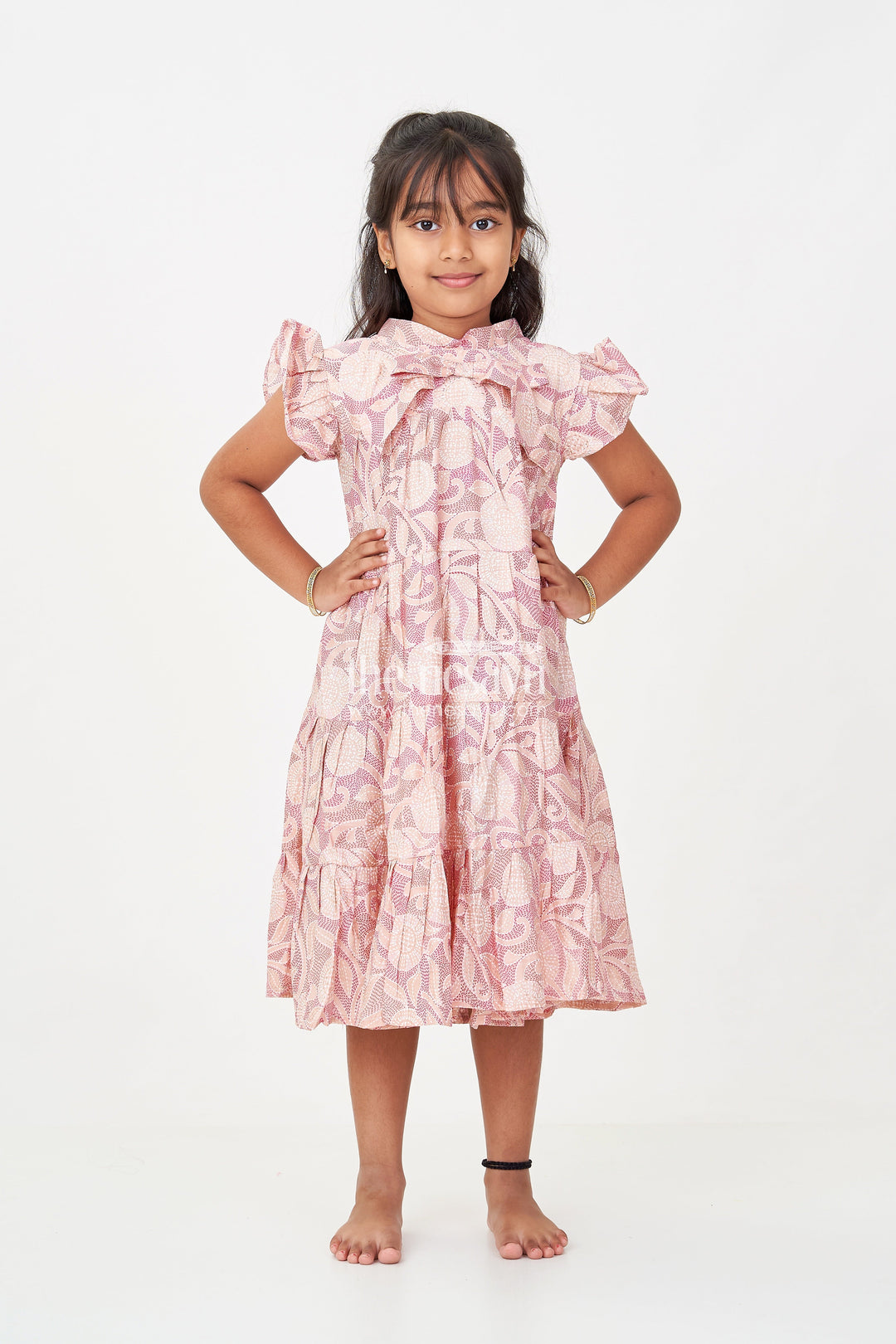 The Nesavu Girls Cotton Frock Pattern Frock for Girls in Modal Silk with Kantha Style Digital Print and Front Bow Detail Nesavu 18 (2Y) / Pink GFC1697B-18 Pattern Frock Girls Modal Silk with Kantha Style digital print Frill Sleeves | The Nesavu