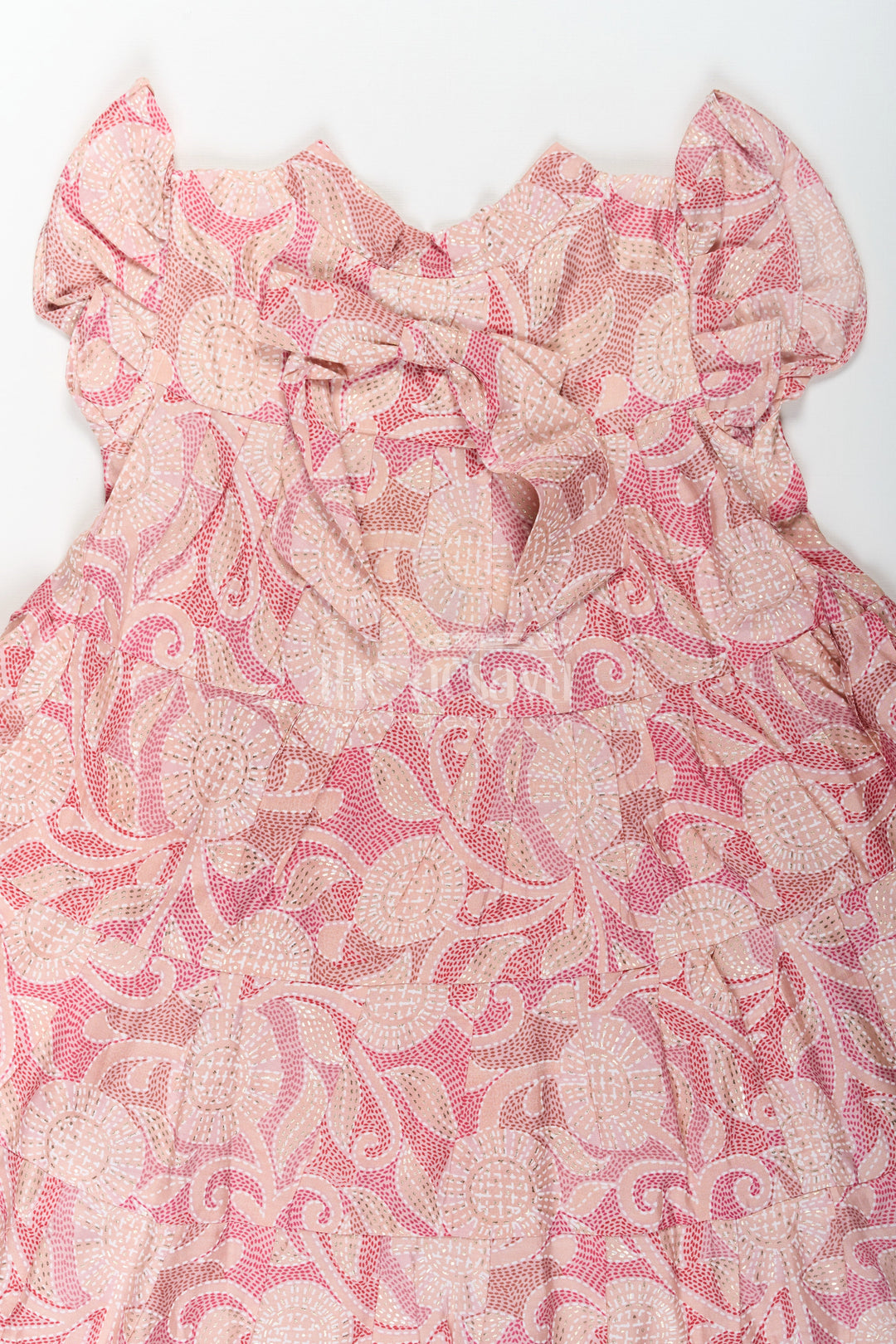 The Nesavu Girls Cotton Frock Pattern Frock for Girls in Modal Silk with Kantha Style Digital Print and Front Bow Detail Nesavu Pattern Frock Girls Modal Silk with Kantha Style digital print Frill Sleeves | The Nesavu