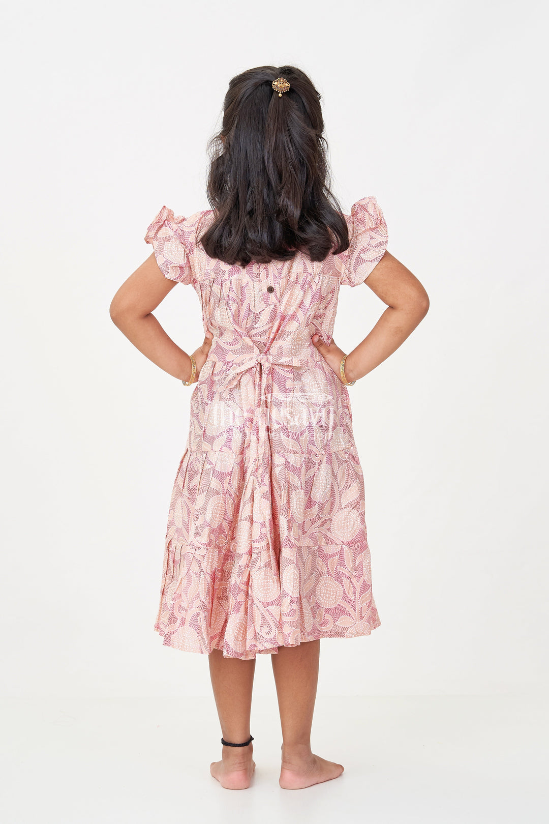 The Nesavu Girls Cotton Frock Pattern Frock for Girls in Modal Silk with Kantha Style Digital Print and Front Bow Detail Nesavu Pattern Frock Girls Modal Silk with Kantha Style digital print Frill Sleeves | The Nesavu