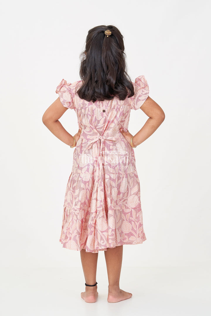 The Nesavu Girls Cotton Frock Pattern Frock for Girls in Modal Silk with Kantha Style Digital Print and Front Bow Detail Nesavu Pattern Frock Girls Modal Silk with Kantha Style digital print Frill Sleeves | The Nesavu