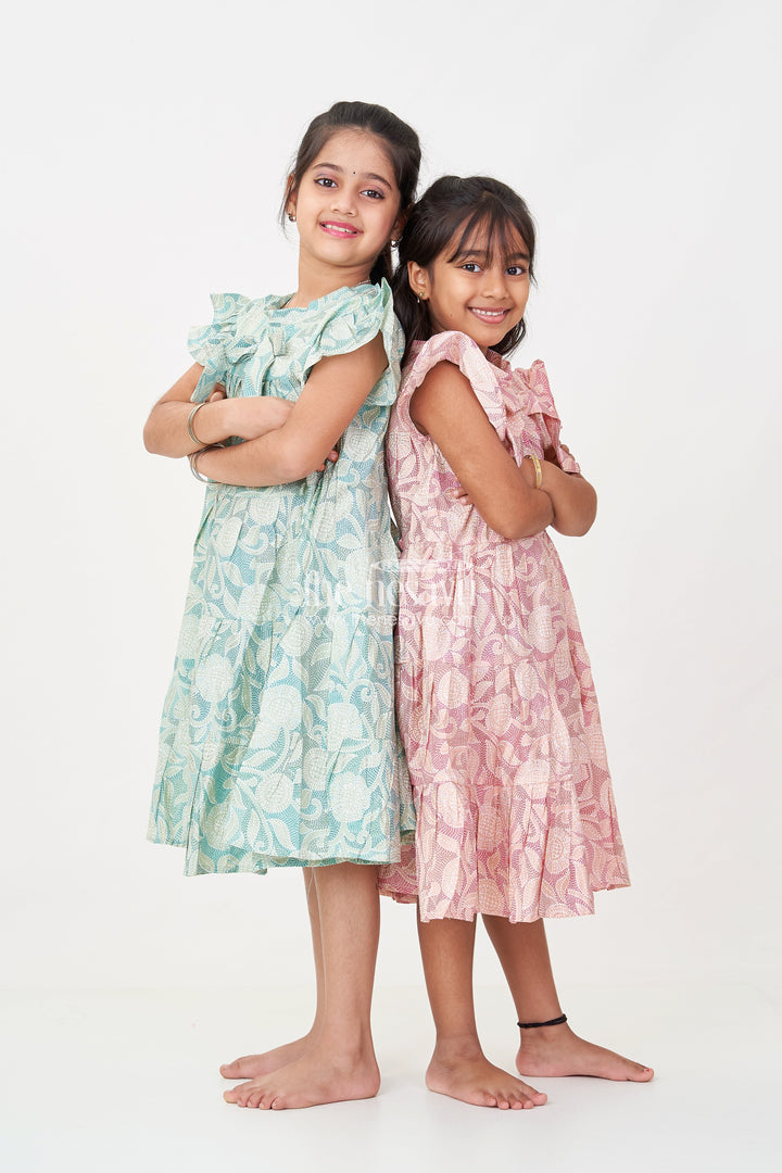 The Nesavu Girls Cotton Frock Pattern Frock for Girls in Modal Silk with Kantha Style Digital Print and Front Bow Detail Nesavu Pattern Frock Girls Modal Silk with Kantha Style digital print Frill Sleeves | The Nesavu