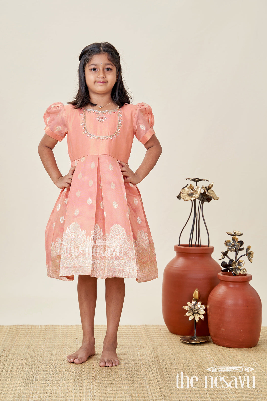The Nesavu Silk Frock Pattu Frock for Baby Girl Naming Ceremony Nesavu 16 (1Y) / Peach SF1032A-16 Nesavu South Indian Pattu Frock Girls Zari Embroidery Naming Ceremony Functions