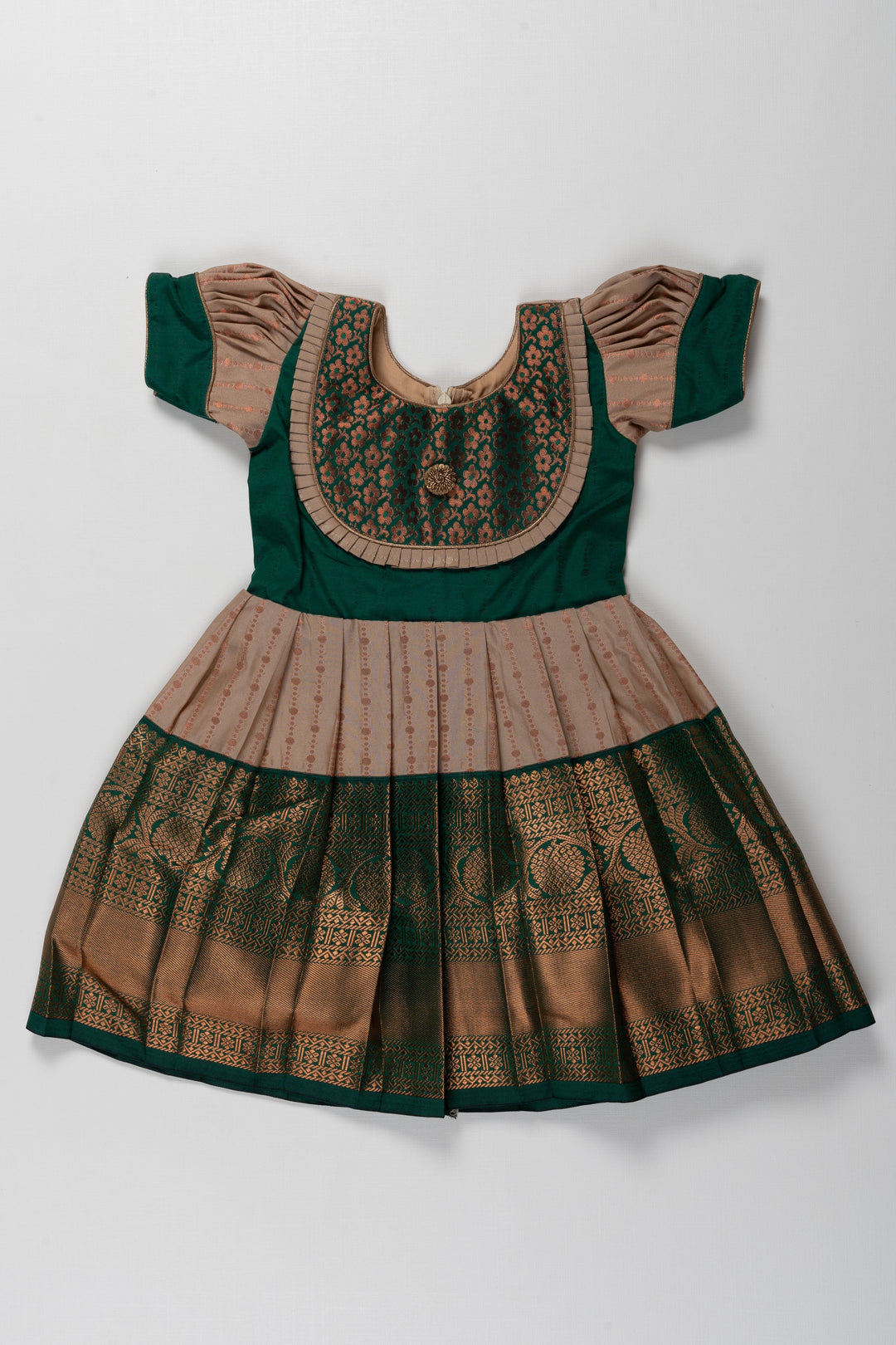 The Nesavu Girls Kanchi Silk Frock Pattu Kanchivaram Silk Frock for Kids - Suitable for Choroonu and Namakarana Nesavu 14 (6M) / Green / Style 1 SF790A-14 Pattu Kanchivaram Silk Frock for Kids - Perfect for Choroonu and Namakarana