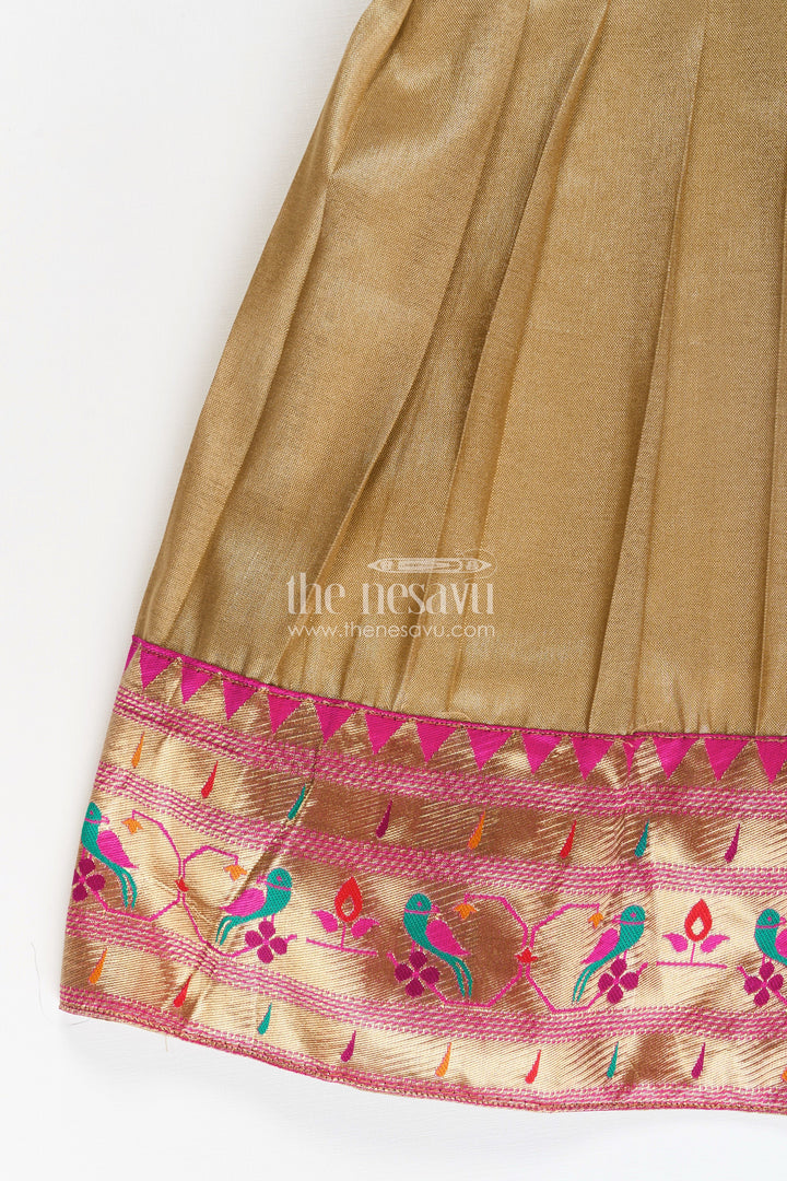 The Nesavu Silk Frock Pattu Pavadai Designs for Girls in Tissue Silk with Bright Paithani Border and Puff Sleeves Nesavu 24 (5Y) / Yellow SF1015A-24 Nesavu Pattu Pavadai Designs Girls Tissue Silk Puff Sleeves Paithani Border Hem