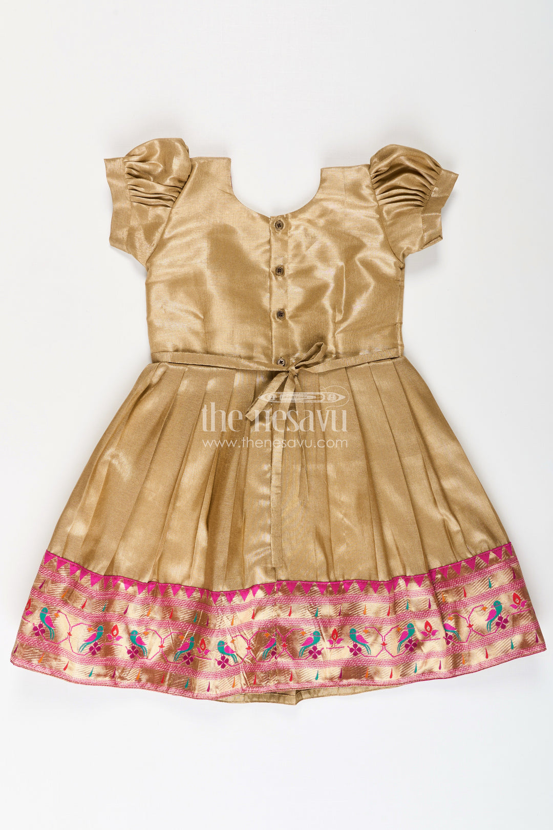 The Nesavu Silk Frock Pattu Pavadai Designs for Girls in Tissue Silk with Bright Paithani Border and Puff Sleeves Nesavu 24 (5Y) / Yellow SF1015A-24 Nesavu Pattu Pavadai Designs Girls Tissue Silk Puff Sleeves Paithani Border Hem