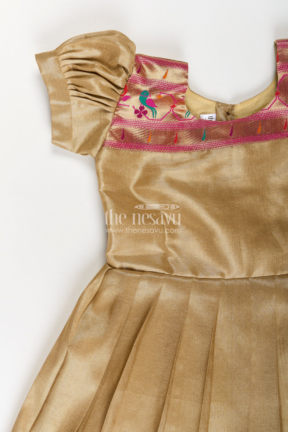 The Nesavu Silk Frock Pattu Pavadai Designs for Girls in Tissue Silk with Bright Paithani Border and Puff Sleeves Nesavu 24 (5Y) / Yellow SF1015A-24 Nesavu Pattu Pavadai Designs Girls Tissue Silk Puff Sleeves Paithani Border Hem