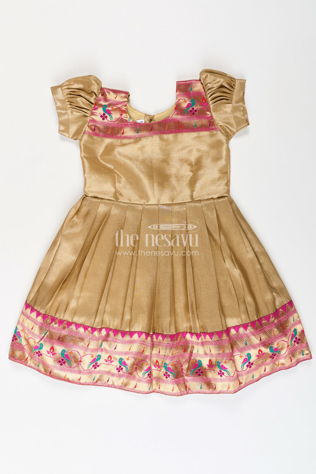 The Nesavu Silk Frock Pattu Pavadai Designs for Girls in Tissue Silk with Bright Paithani Border and Puff Sleeves Nesavu 24 (5Y) / Yellow SF1015A-24 Nesavu Pattu Pavadai Designs Girls Tissue Silk Puff Sleeves Paithani Border Hem