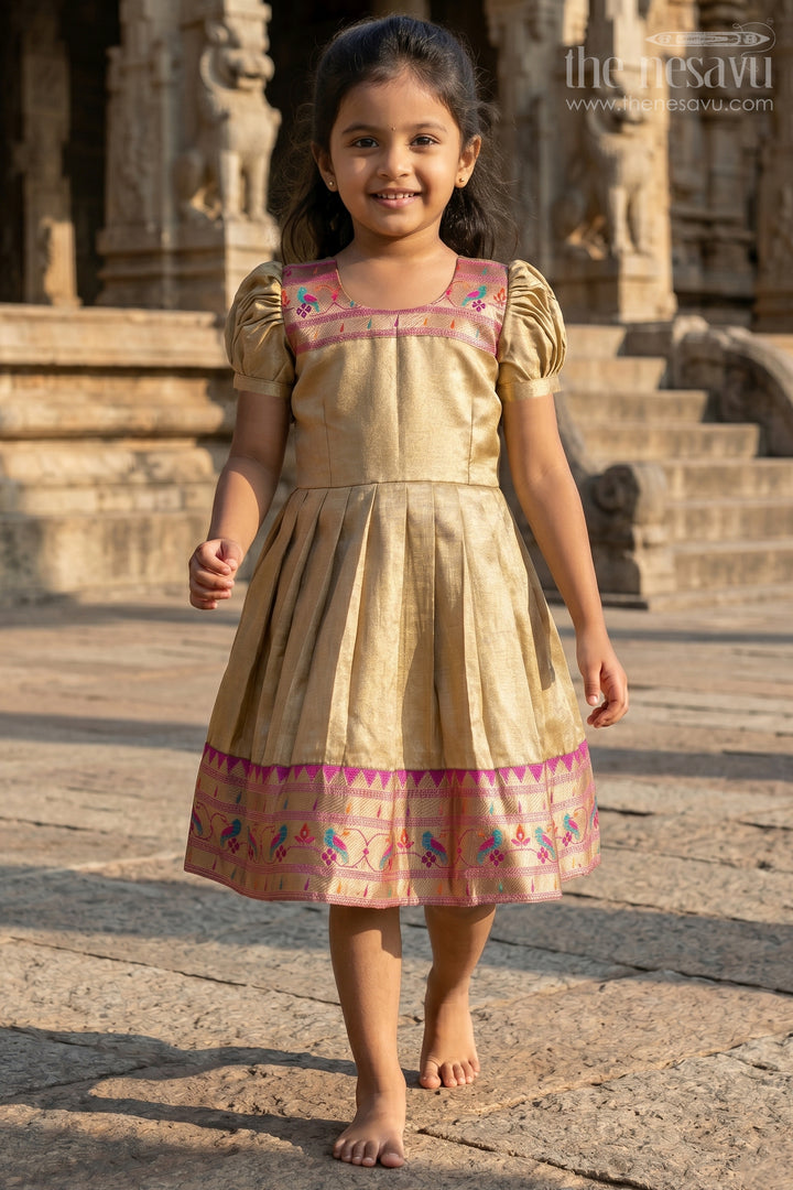 The Nesavu Silk Frock Pattu Pavadai Designs for Girls in Tissue Silk with Bright Paithani Border and Puff Sleeves Nesavu 24 (5Y) / Yellow SF1015A-24 Nesavu Pattu Pavadai Designs Girls Tissue Silk Puff Sleeves Paithani Border Hem