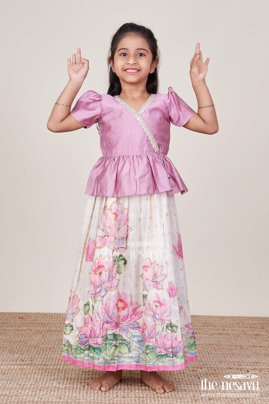 The Nesavu Pattu Pavadai Pattu Pavadai for Baby Girls for Naming Ceremony and Family Functions Nesavu 16 (1Y) / Pink GPP337A-16 Nesavu baby girl pattu pavadai wrap-style lace yoke floral printed festive skirt