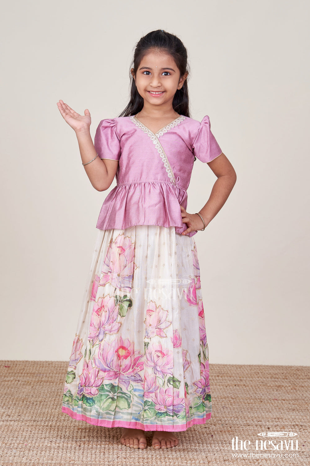 The Nesavu Pattu Pavadai Pattu Pavadai for Baby Girls for Naming Ceremony and Family Functions Nesavu Nesavu baby girl pattu pavadai wrap-style lace yoke floral printed festive skirt