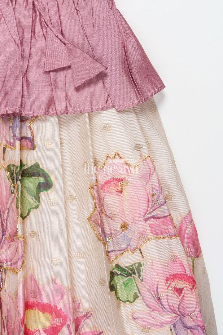 The Nesavu Pattu Pavadai Pattu Pavadai for Baby Girls for Naming Ceremony and Family Functions Nesavu Nesavu baby girl pattu pavadai wrap-style lace yoke floral printed festive skirt