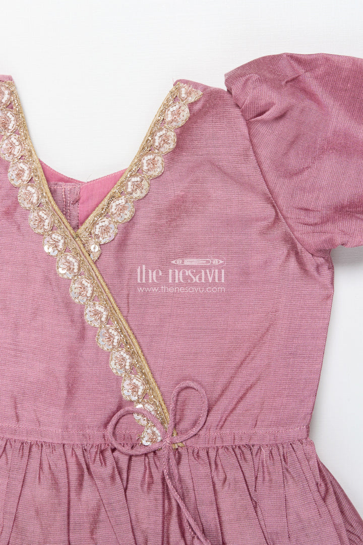 The Nesavu Pattu Pavadai Pattu Pavadai for Baby Girls for Naming Ceremony and Family Functions Nesavu Nesavu baby girl pattu pavadai wrap-style lace yoke floral printed festive skirt