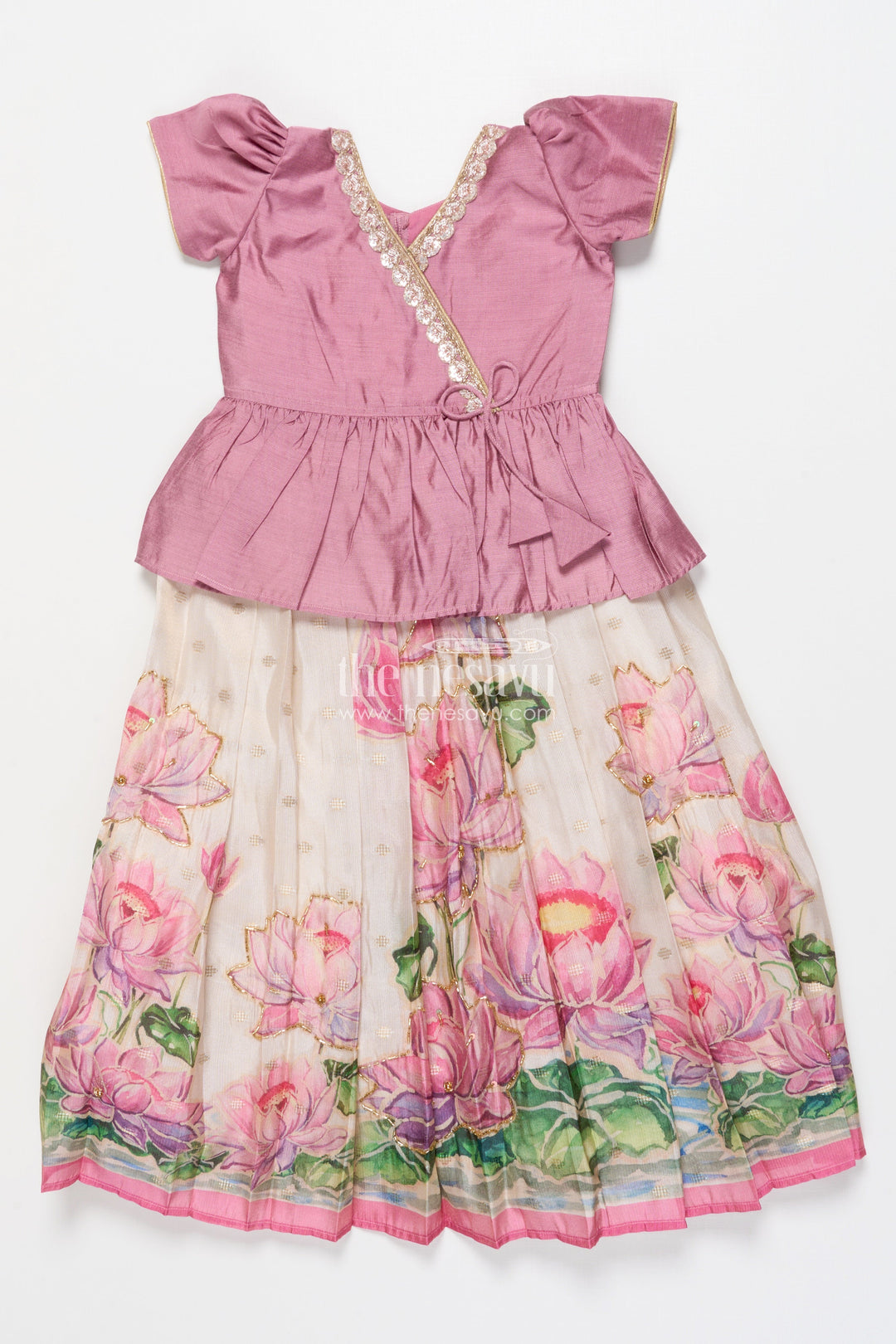 The Nesavu Pattu Pavadai Pattu Pavadai for Baby Girls for Naming Ceremony and Family Functions Nesavu Nesavu baby girl pattu pavadai wrap-style lace yoke floral printed festive skirt