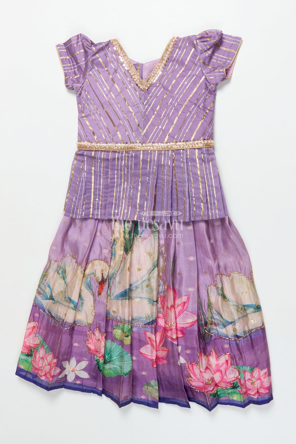 The Nesavu Pattu Pavadai Pattu Pavadai for Toddler Girl with Banaras Silk Yoke for Weddings and Festivals Nesavu 18 (2Y) / Purple GPP344A-18 Nesavu toddler girl pattu pavadai with Banaras silk yoke and semi Banaras skirt for weddings and festive wear