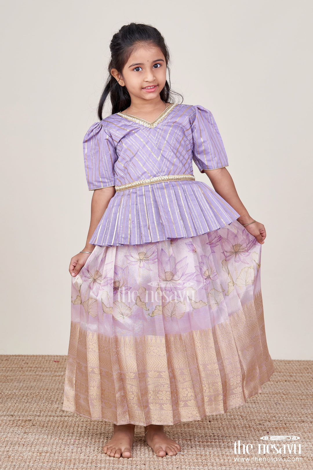 The Nesavu Pattu Pavadai Pattu Pavadai for Toddler Girls for Traditional Celebrations and Poojas Nesavu 16 (1Y) / Purple GPP336A-16 Nesavu pattu pavadai toddler girls gold-detailed blouse semi banaras pleated skirt