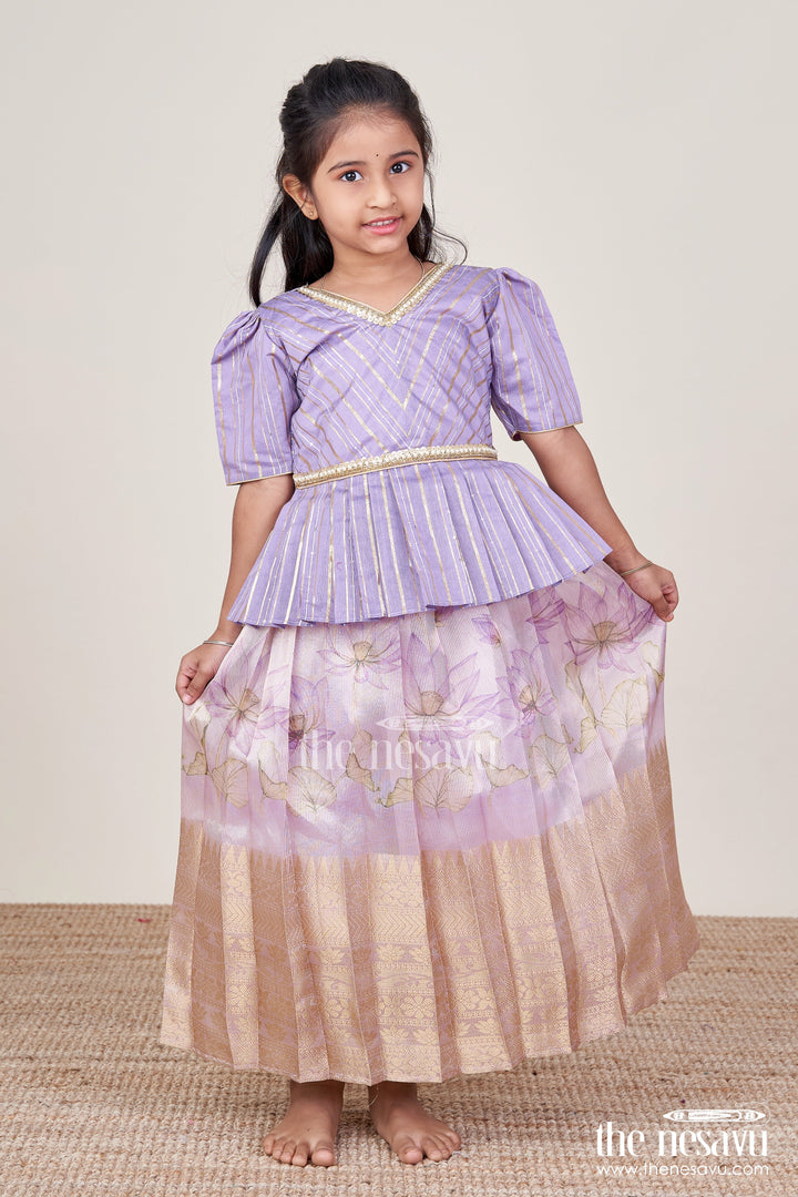 The Nesavu Pattu Pavadai Pattu Pavadai for Toddler Girls for Traditional Celebrations and Poojas Nesavu 16 (1Y) / Purple GPP336A-16 Nesavu pattu pavadai toddler girls gold-detailed blouse semi banaras pleated skirt