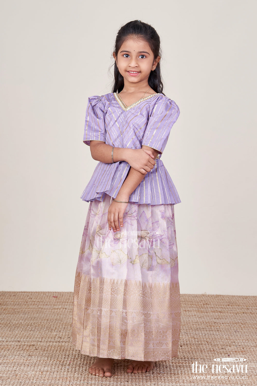 The Nesavu Pattu Pavadai Pattu Pavadai for Toddler Girls for Traditional Celebrations and Poojas Nesavu Nesavu pattu pavadai toddler girls gold-detailed blouse semi banaras pleated skirt
