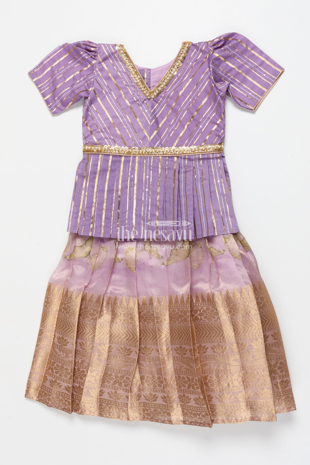 The Nesavu Pattu Pavadai Pattu Pavadai for Toddler Girls for Traditional Celebrations and Poojas Nesavu Nesavu pattu pavadai toddler girls gold-detailed blouse semi banaras pleated skirt