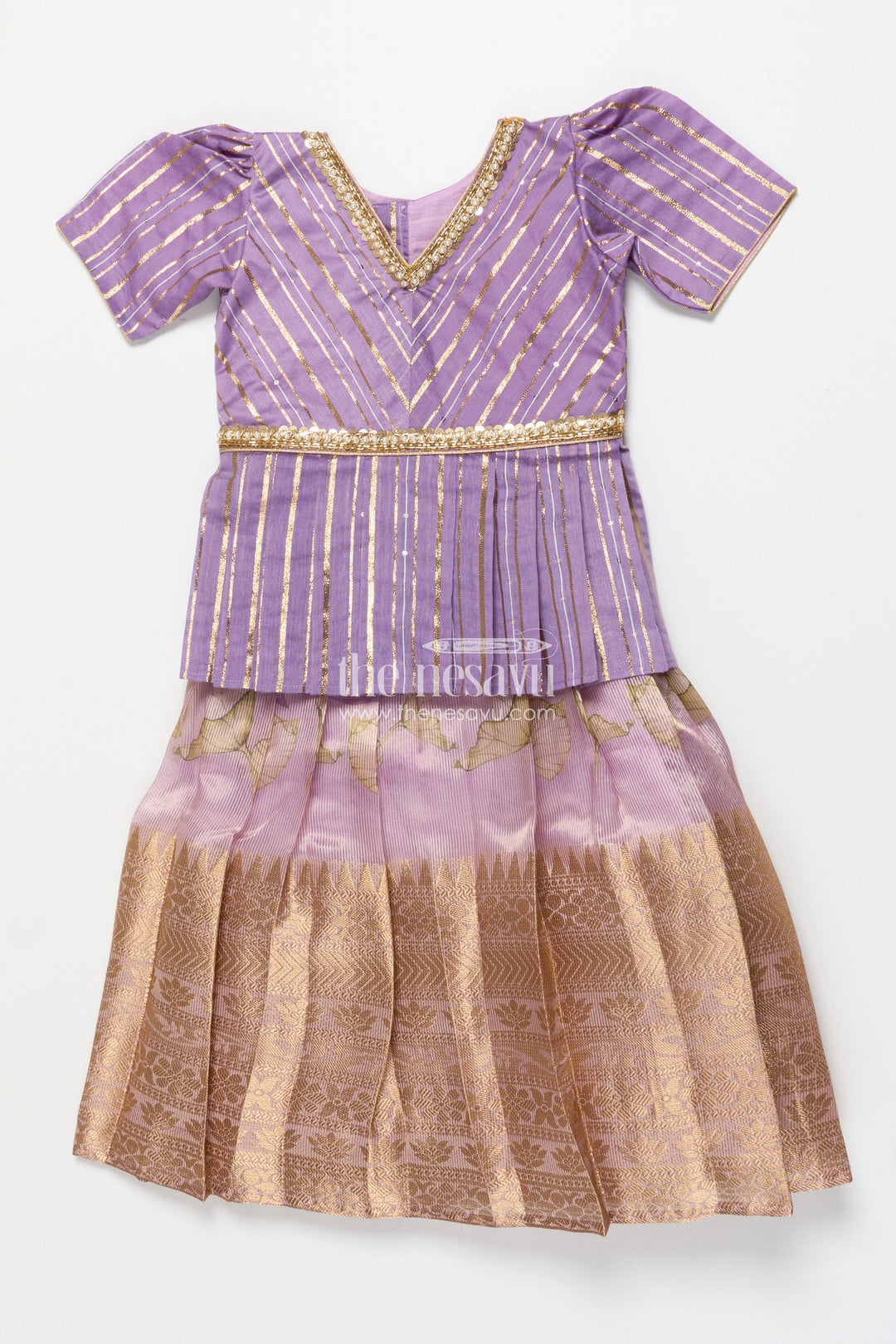 The Nesavu Pattu Pavadai Pattu Pavadai for Toddler Girls for Traditional Celebrations and Poojas Nesavu Nesavu pattu pavadai toddler girls gold-detailed blouse semi banaras pleated skirt