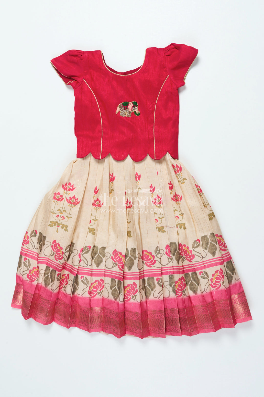 The Nesavu Pattu Pavadai Pattu Pavadai for Toddler Girls for Traditional Festivals and Photoshoots Nesavu 18 (2Y) / Red GPP340A-18 Nesavu toddler girl pattu pavadai floral motif skirt raw silk blouse traditional functions