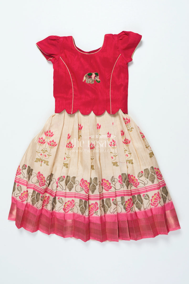 The Nesavu Pattu Pavadai Pattu Pavadai for Toddler Girls for Traditional Festivals and Photoshoots Nesavu 18 (2Y) / Red GPP340A-18 Nesavu toddler girl pattu pavadai floral motif skirt raw silk blouse traditional functions