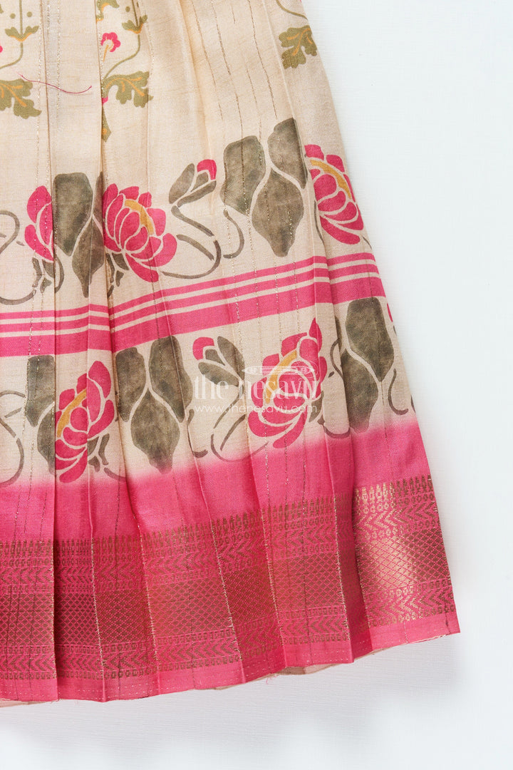 The Nesavu Pattu Pavadai Pattu Pavadai for Toddler Girls for Traditional Festivals and Photoshoots Nesavu Nesavu toddler girl pattu pavadai floral motif skirt raw silk blouse traditional functions