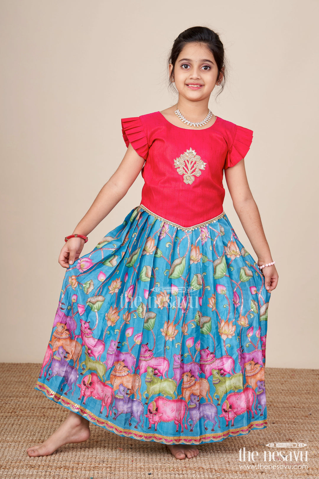 The Nesavu Pattu Pavadai Pattu Pavadai Set for Baby Girls for Poojas and Milestone Events Nesavu Nesavu baby girl pattu pavadai set Banaras silk festive embellishments