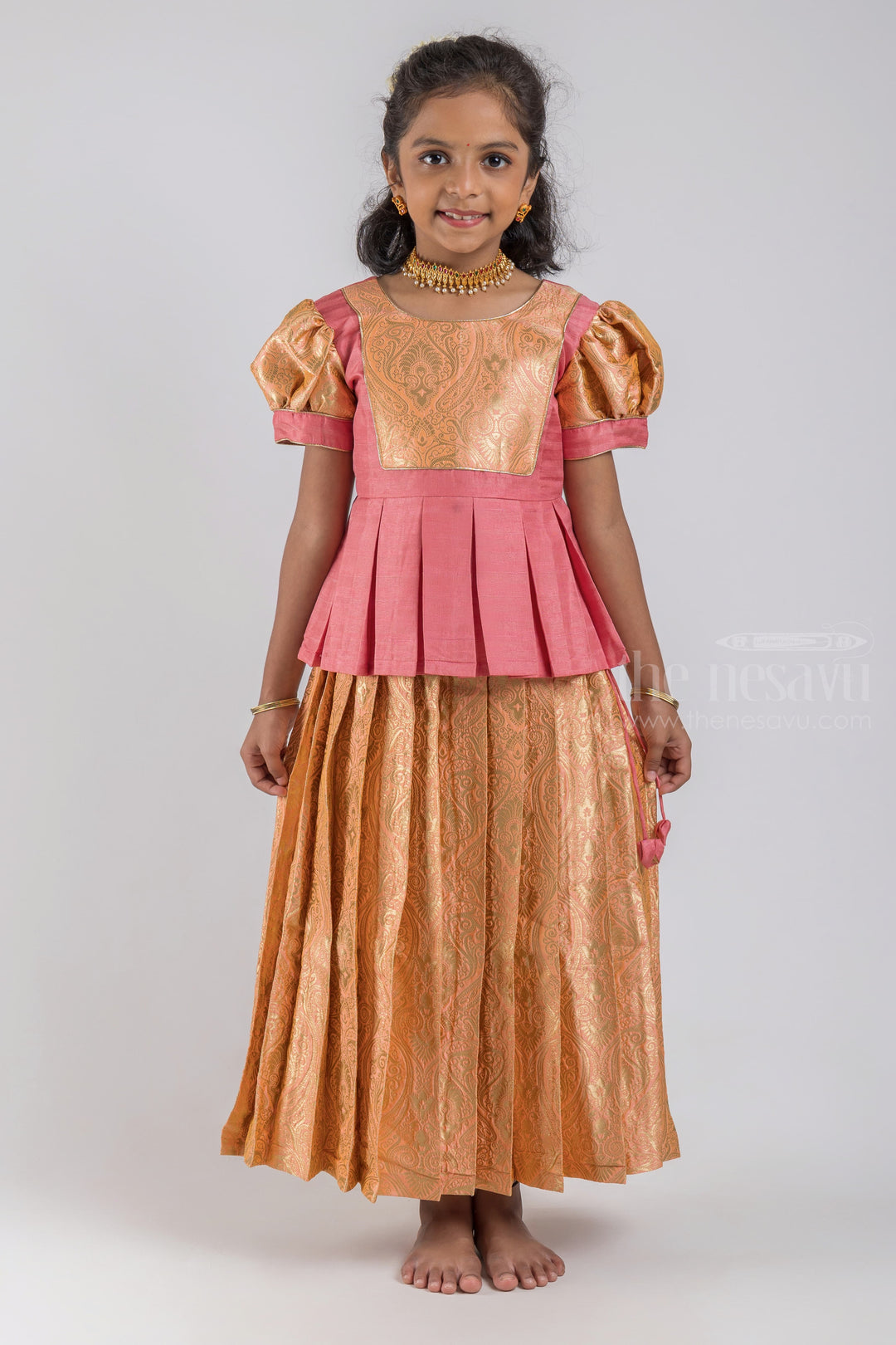 The Nesavu Pattu Pavadai Pattu Pavadai: Trendy & Traditional Indian Outfits for Girls psr silks Nesavu 16 (1Y) / Beige / Jacquard GPP281A