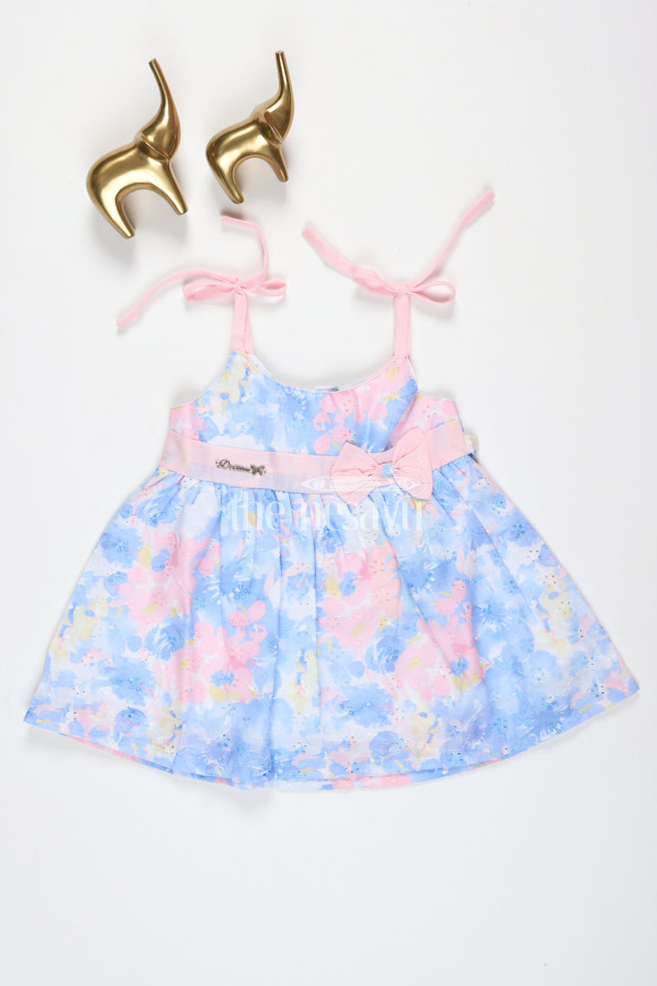 The Nesavu Tie-up Frock Peach and Blue Floral Shiffley TieUp Frock with Bow Accent for Baby Girls Nesavu 14 (6M) / Peach BFJ631D-14 Peach and Blue Floral Shiffley Tie-Up Frock with Bow Accent for Baby Girls Nesavu