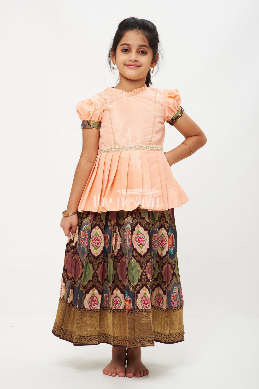 The Nesavu Pattu Pavadai Peach and Green Viscose Silk Peplum Top with Placement Print Skirt for Girls Nesavu 16 (1Y) / multicolor GPP316B-16