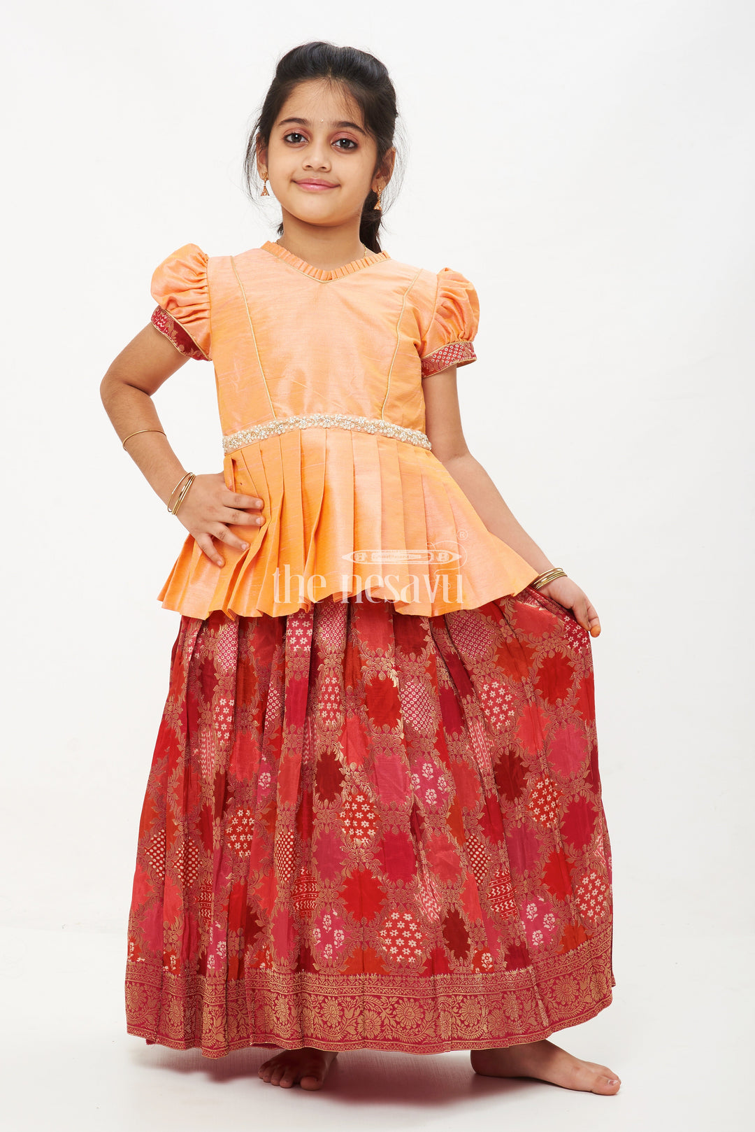 The Nesavu Pattu Pavadai Peach and Pink Viscose Silk Peplum Top with Placement Print Skirt for Girls Nesavu 16 (1Y) / multicolor GPP317A-16