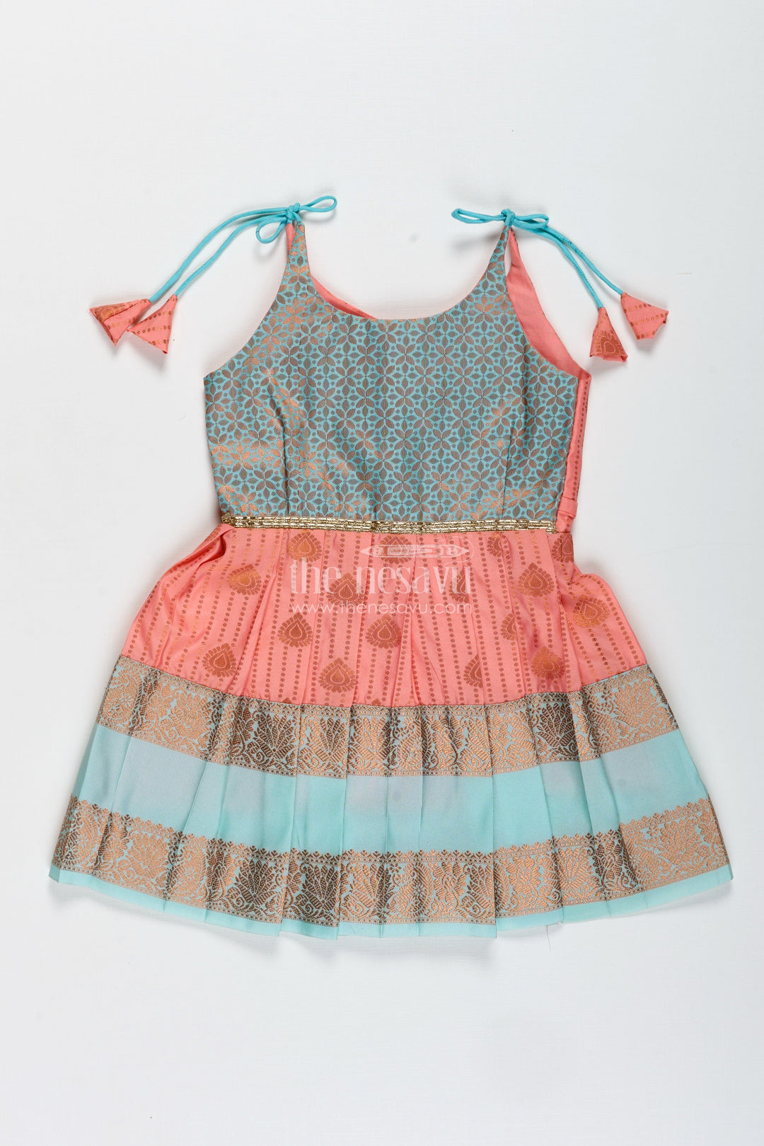 The Nesavu Tie-up Frock Peach and Teal Frock for Baby Girls Ethnic Dress for Birthdays Nesavu 14 (6M) / Pink / Style 1 SF993CA-14 Nesavu Ethnic Baby Girl Frock In Semi Silk Peach And Teal Dress For Birthdays And Photoshoots