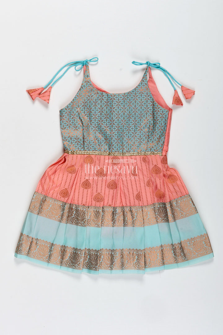 The Nesavu Tie-up Frock Peach and Teal Frock for Baby Girls Ethnic Dress for Birthdays Nesavu 14 (6M) / Pink / Style 1 SF993CA-14 Nesavu Ethnic Baby Girl Frock In Semi Silk Peach And Teal Dress For Birthdays And Photoshoots