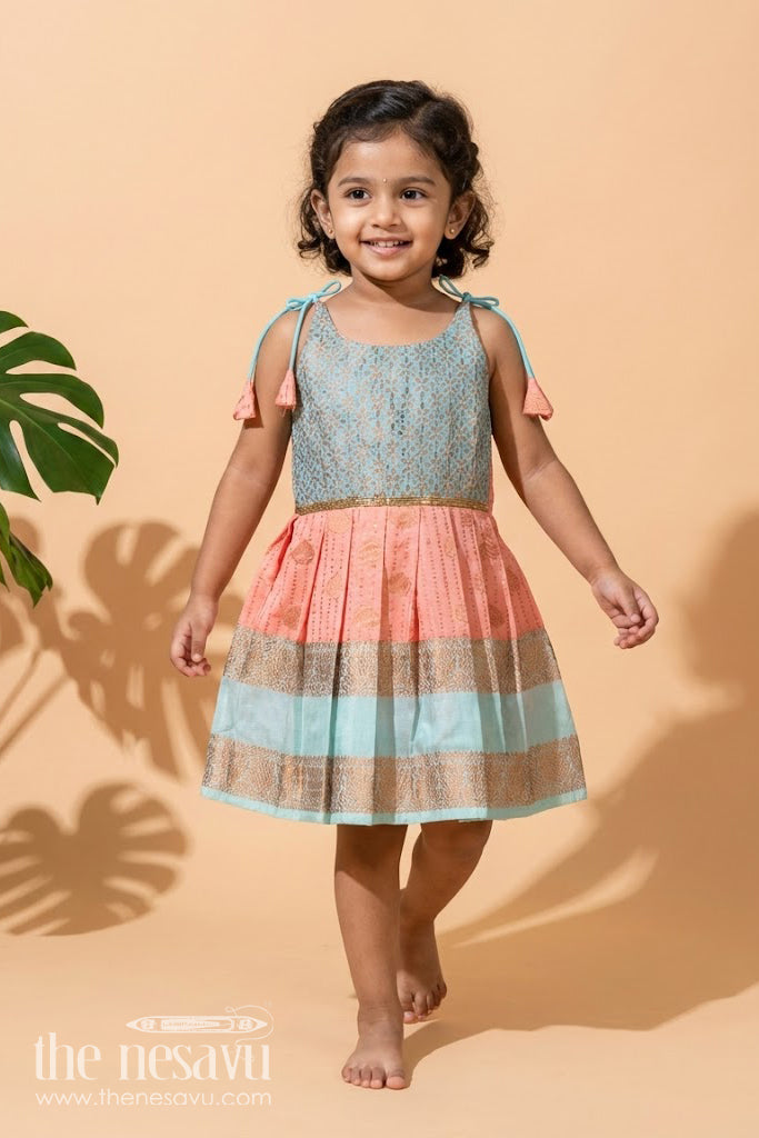 The Nesavu Tie-up Frock Peach and Teal Frock for Baby Girls Ethnic Dress for Birthdays Nesavu 14 (6M) / Pink / Style 1 SF993CA-14 Nesavu Ethnic Baby Girl Frock In Semi Silk Peach And Teal Dress For Birthdays And Photoshoots