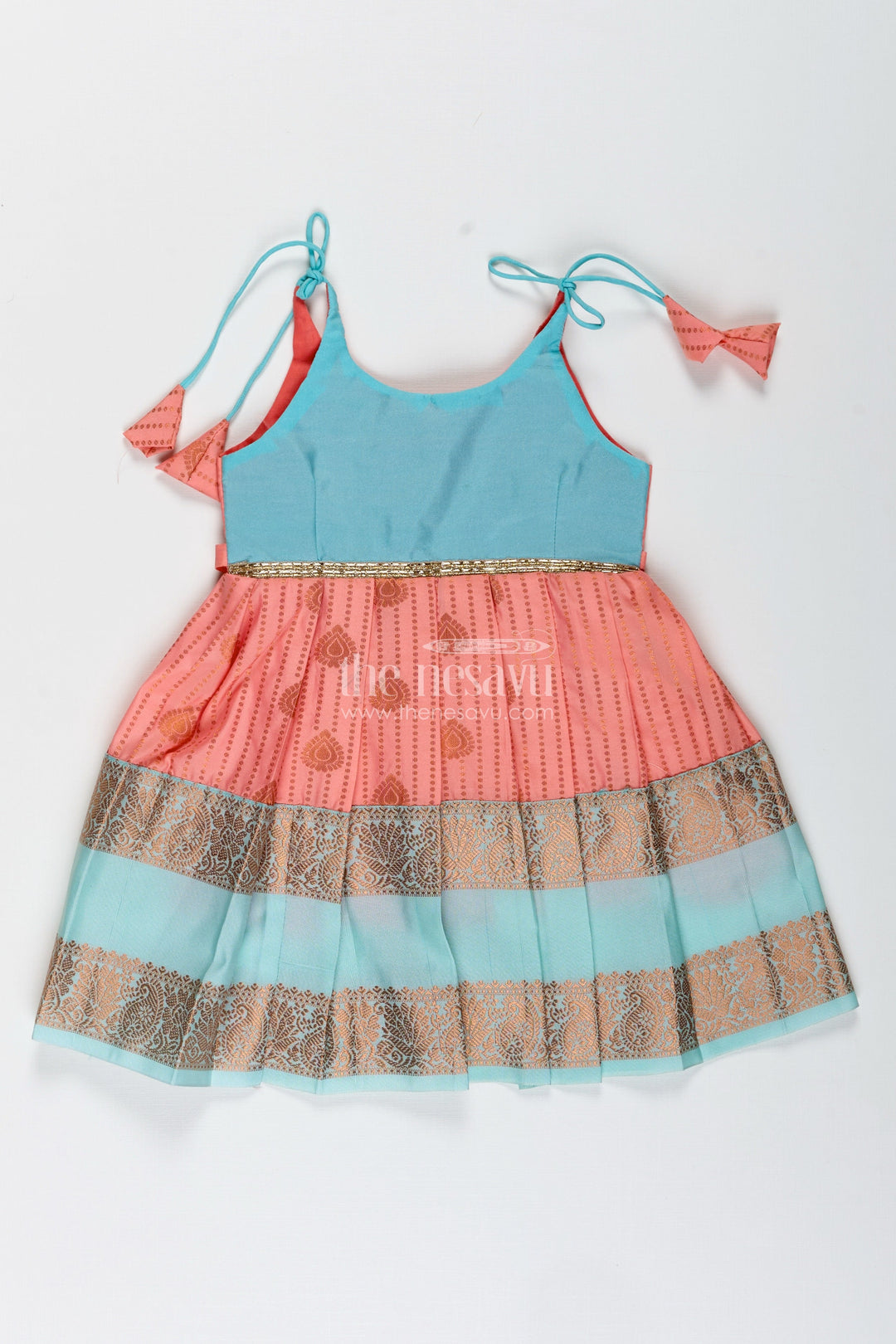 The Nesavu Tie-up Frock Peach and Teal Frock for Baby Girls Ethnic Dress for Birthdays Nesavu 14 (6M) / Pink / Style 2 SF993CB-14 Nesavu Ethnic Baby Girl Frock In Semi Silk Peach And Teal Dress For Birthdays And Photoshoots