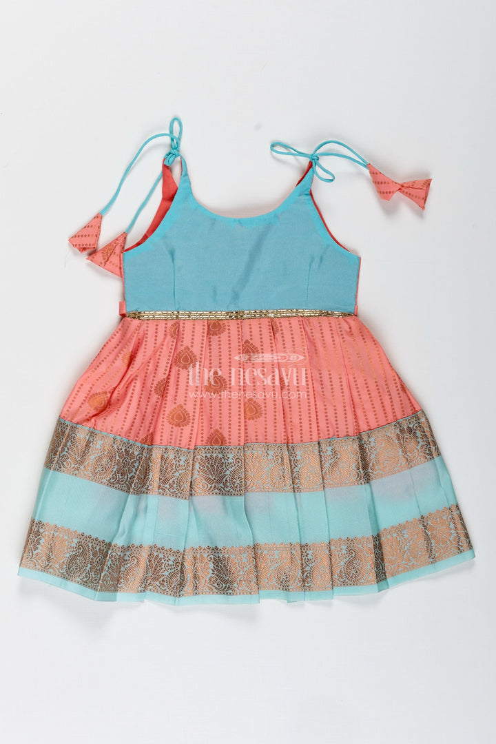 The Nesavu Tie-up Frock Peach and Teal Frock for Baby Girls Ethnic Dress for Birthdays Nesavu 14 (6M) / Pink / Style 2 SF993CB-14 Nesavu Ethnic Baby Girl Frock In Semi Silk Peach And Teal Dress For Birthdays And Photoshoots