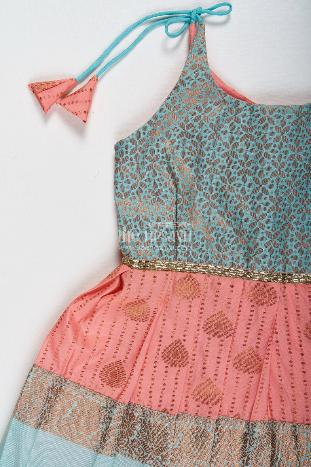 The Nesavu Tie-up Frock Peach and Teal Frock for Baby Girls Ethnic Dress for Birthdays Nesavu Nesavu Ethnic Baby Girl Frock In Semi Silk Peach And Teal Dress For Birthdays And Photoshoots