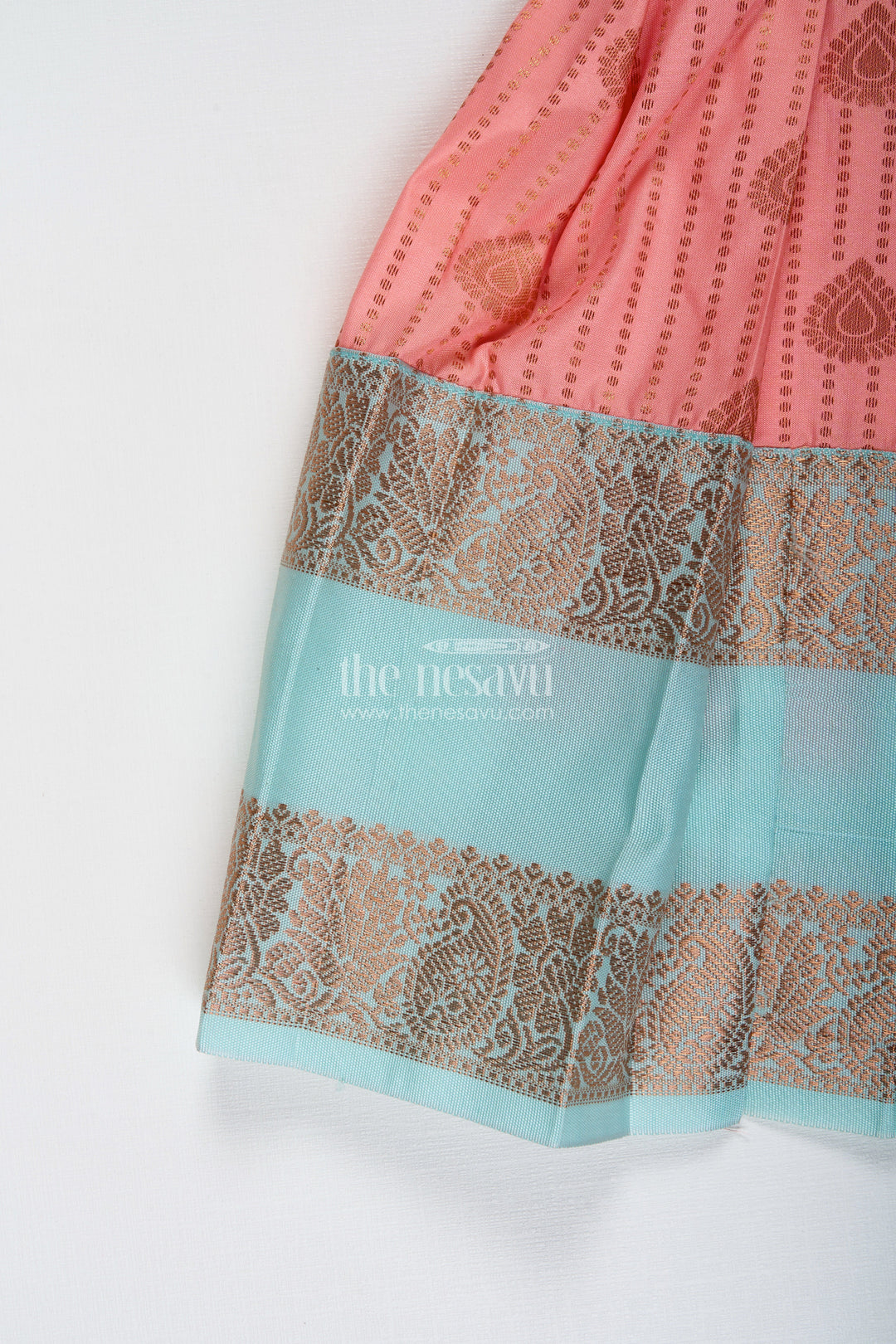 The Nesavu Tie-up Frock Peach and Teal Frock for Baby Girls Ethnic Dress for Birthdays Nesavu Nesavu Ethnic Baby Girl Frock In Semi Silk Peach And Teal Dress For Birthdays And Photoshoots