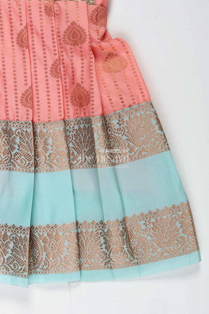 The Nesavu Tie-up Frock Peach and Teal Frock for Baby Girls Ethnic Dress for Birthdays Nesavu Nesavu Ethnic Baby Girl Frock In Semi Silk Peach And Teal Dress For Birthdays And Photoshoots