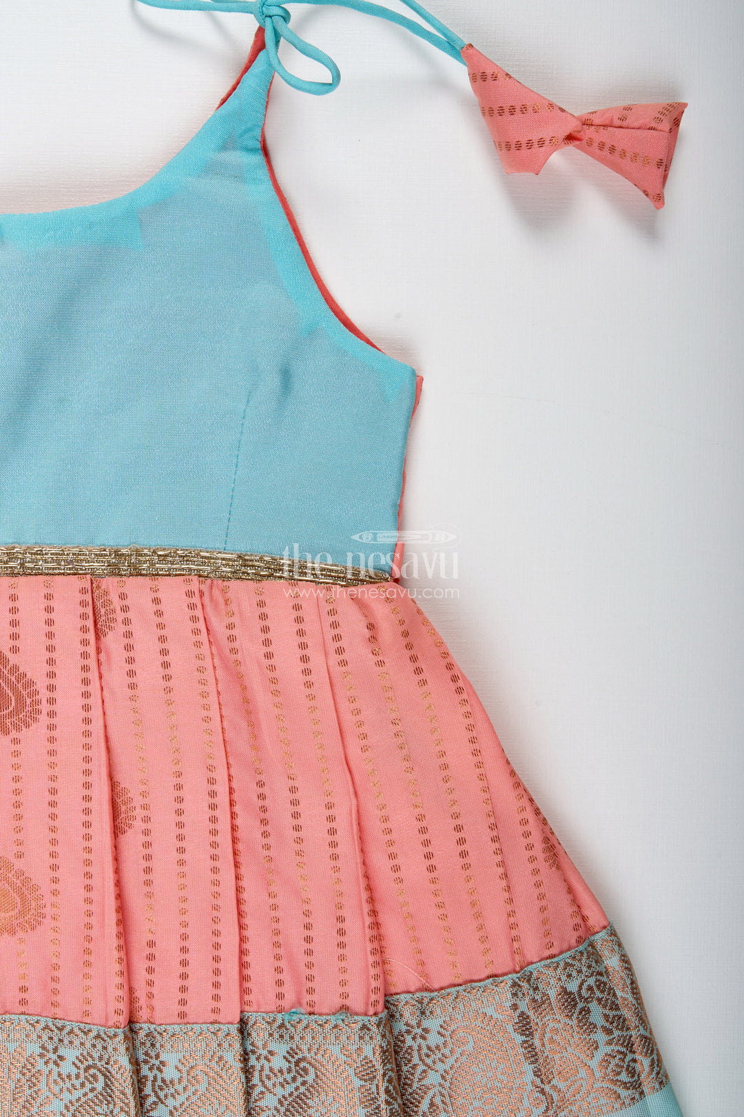 The Nesavu Tie-up Frock Peach and Teal Frock for Baby Girls Ethnic Dress for Birthdays Nesavu Nesavu Ethnic Baby Girl Frock In Semi Silk Peach And Teal Dress For Birthdays And Photoshoots