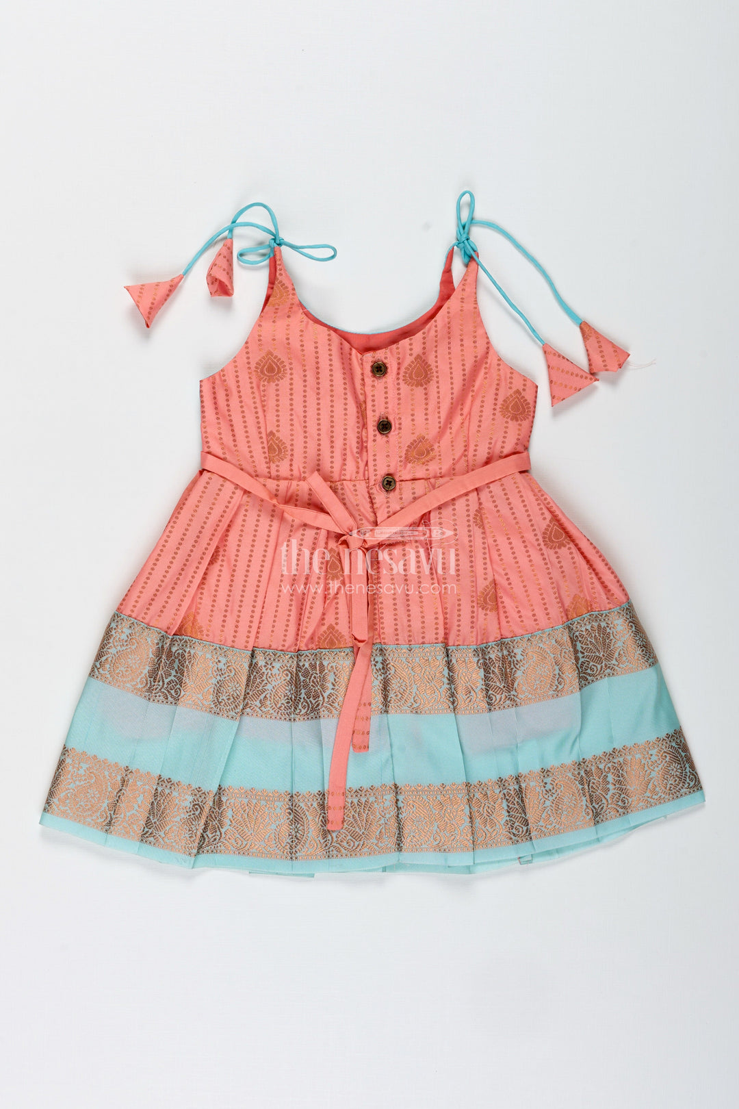 The Nesavu Tie-up Frock Peach and Teal Frock for Baby Girls Ethnic Dress for Birthdays Nesavu Nesavu Ethnic Baby Girl Frock In Semi Silk Peach And Teal Dress For Birthdays And Photoshoots