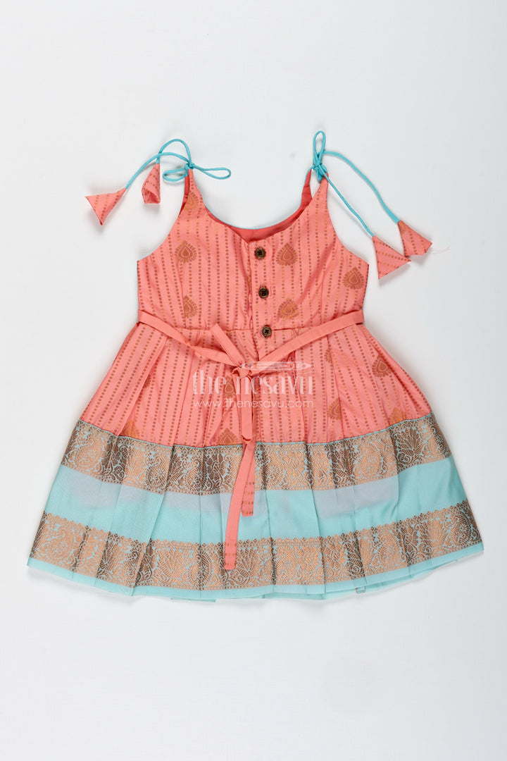 The Nesavu Tie-up Frock Peach and Teal Frock for Baby Girls Ethnic Dress for Birthdays Nesavu Nesavu Ethnic Baby Girl Frock In Semi Silk Peach And Teal Dress For Birthdays And Photoshoots