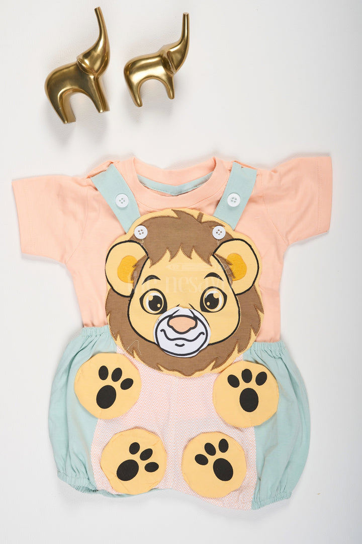 The Nesavu Baby Dungarees Peach Baby Dungaree Set with Lion Face Design for Boys Nesavu 12 (3M) / Peach BCS139A-12 Peach Baby Dungaree Set Lion Face Blue Overalls Nesavu Boys Fun Playful Outfit