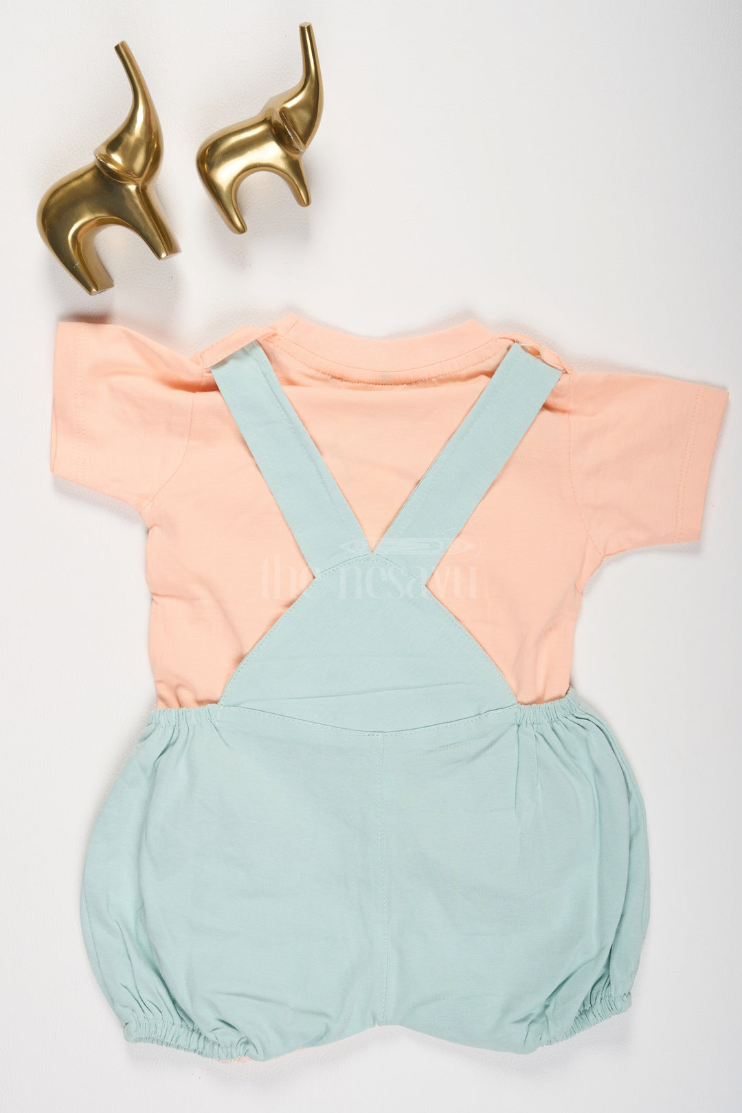 The Nesavu Baby Dungarees Peach Baby Dungaree Set with Lion Face Design for Boys Nesavu Peach Baby Dungaree Set Lion Face Blue Overalls Nesavu Boys Fun Playful Outfit