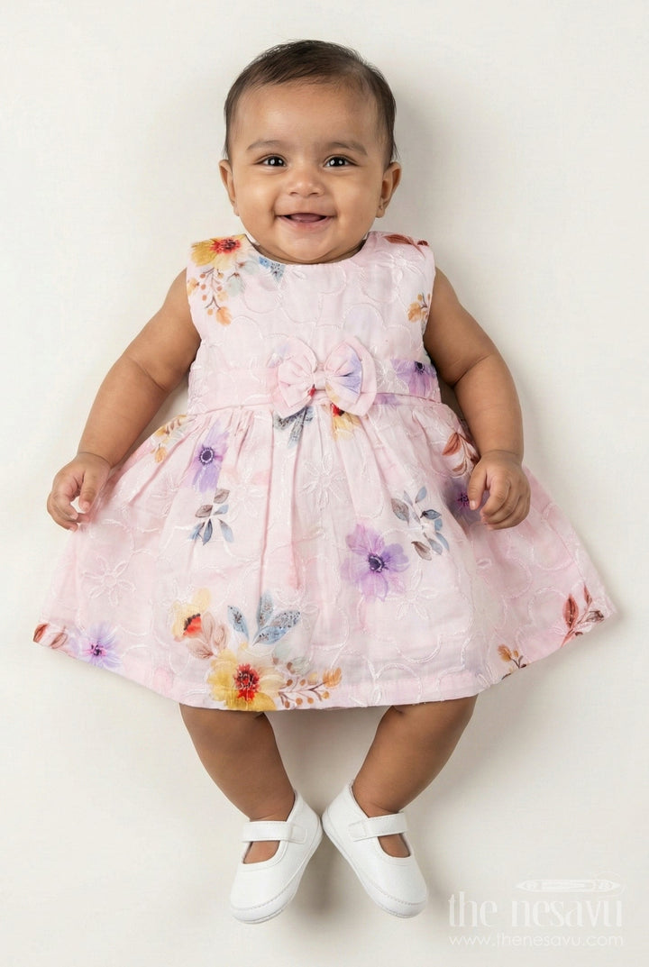 The Nesavu Baby Cotton Frocks Peach Birthday Frock for Baby Girls in Embroidered Cotton with Pastel Floral Print and Bow Nesavu 14 (6M) / Pink BFJ809A-14 Nesavu Peach Birthday Frock Baby Girls Embroidered Cotton Floral Print Bow Waist
